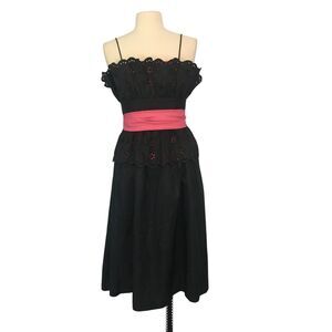 Norman Berg for Denise Fashions Vintage Black Pink Eyelet Formal Dress 34‎ bust